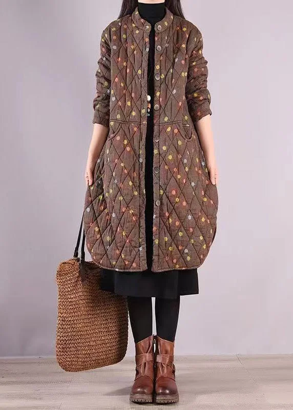 Petite women's wool blend coats with a tailored fit for a flattering silhouetteCoffee Print Pockets Patchwork Fine Cotton Filled Coats Stand Collar Winter