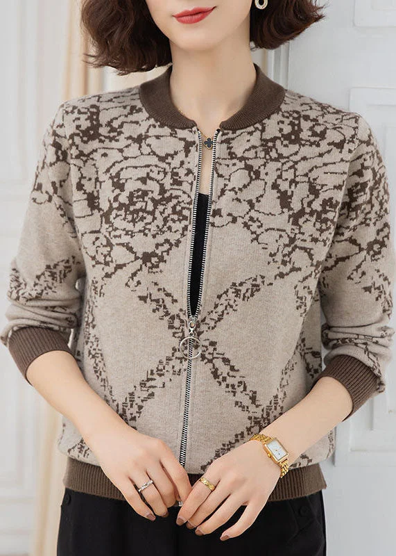 Mid - length women's down coats in a slim fit for a modern and sleek appearanceCoffee Print Woolen Coats Zip Up Thick Long Sleeve Mid - length women's down coats in a slim fit for a modern and sleek appearanceCoffee Print Woolen Coats Zip Up Thick Long Sleeve