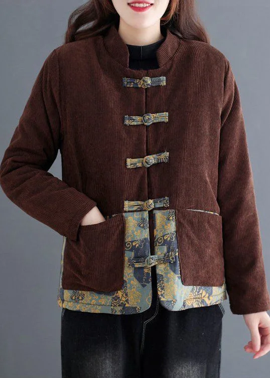 Women's long - sleeve wool coats in a houndstooth pattern for a classic charmCoffee Warm Corduroy Coat Fleece Wool Lined Chinese Button Winter Women's long - sleeve wool coats in a houndstooth pattern for a classic charmCoffee Warm Corduroy Coat Fleece Wool Lined Chinese Button Winter