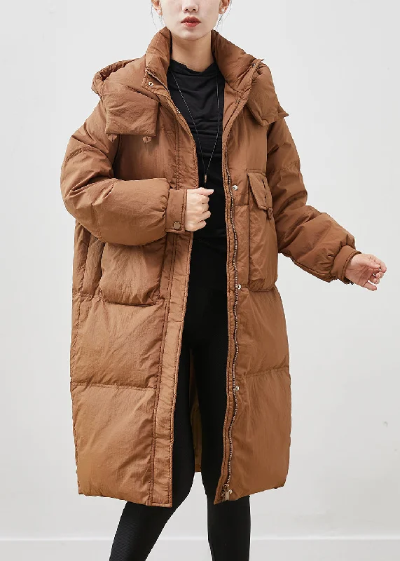 Mid - length women's down coats in a slim fit for a modern and sleek appearanceCoffee Warm Duck Down Puffer Jacket Hooded Pockets Winter Mid - length women's down coats in a slim fit for a modern and sleek appearanceCoffee Warm Duck Down Puffer Jacket Hooded Pockets Winter