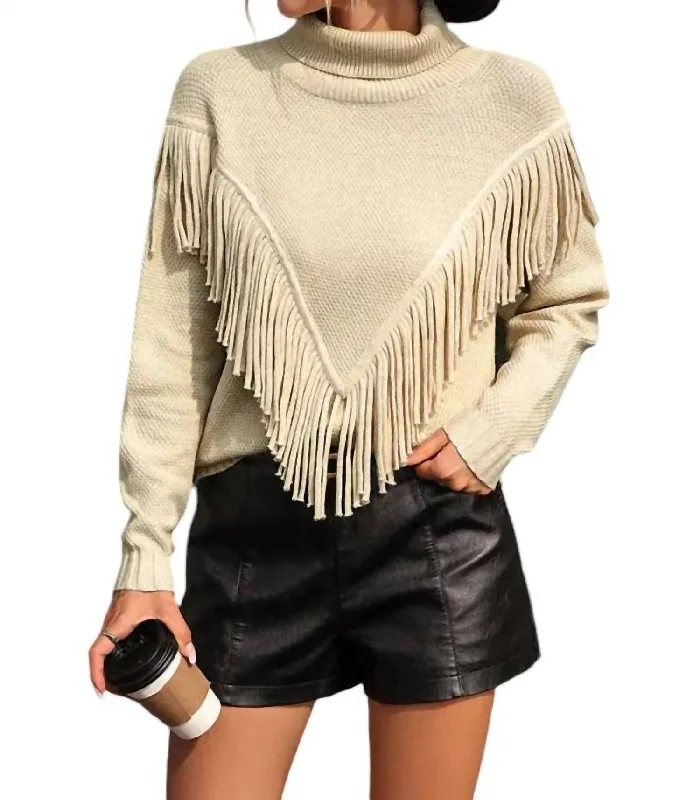 Hooded Women's Fleece - Lined Sweaters for WinterCowgirl Fringe Turtleneck Sweater In Cream Hooded Women's Fleece - Lined Sweaters for WinterCowgirl Fringe Turtleneck Sweater In Cream
