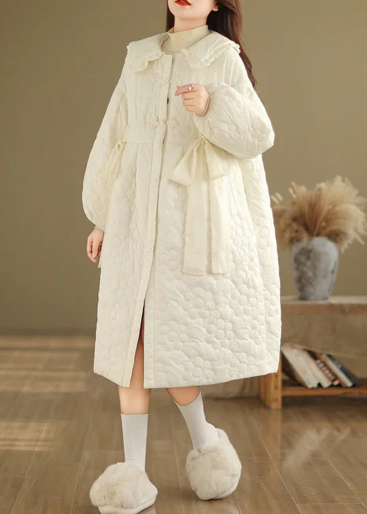 Women's long - sleeve wool coats in a houndstooth pattern for a classic charmCute Beige Peter Pan Collar Fine Cotton Filled Coat Lantern Sleeve Women's long - sleeve wool coats in a houndstooth pattern for a classic charmCute Beige Peter Pan Collar Fine Cotton Filled Coat Lantern Sleeve