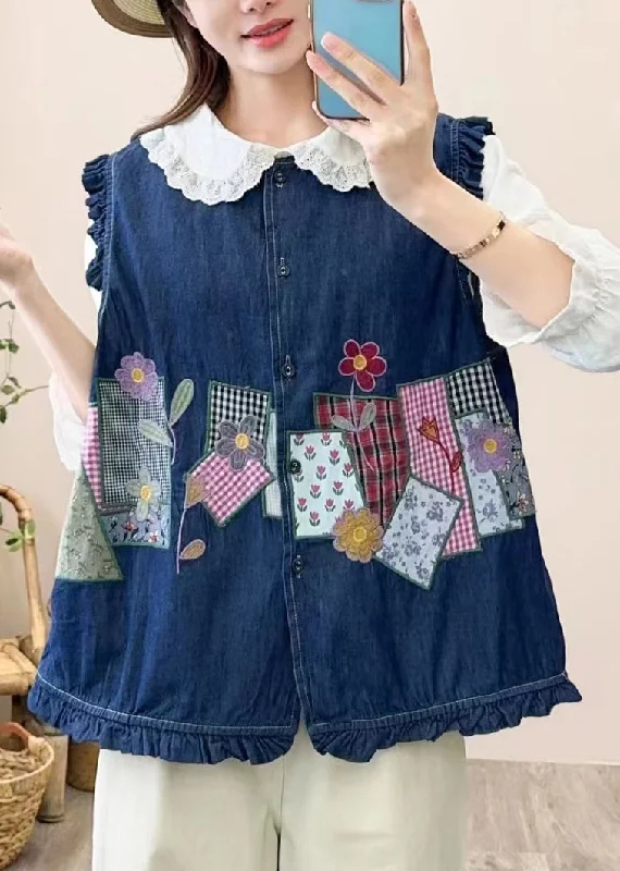 Shearling - lined women's leather coats for ultimate warmth and luxuryCute Navy Embroidered Patchwork Button Waistcoat Sleeveless Shearling - lined women's leather coats for ultimate warmth and luxuryCute Navy Embroidered Patchwork Button Waistcoat Sleeveless
