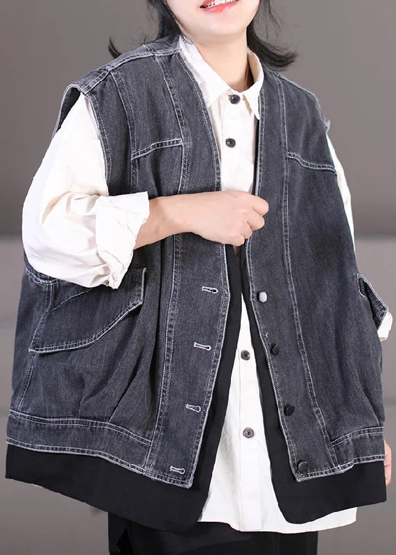 Women's reversible down coats with two - tone designs for versatile stylingDark Gray V Neck Patchwork Button Fake Two Pieces Denim Waistcoat Sleeveless Women's reversible down coats with two - tone designs for versatile stylingDark Gray V Neck Patchwork Button Fake Two Pieces Denim Waistcoat Sleeveless