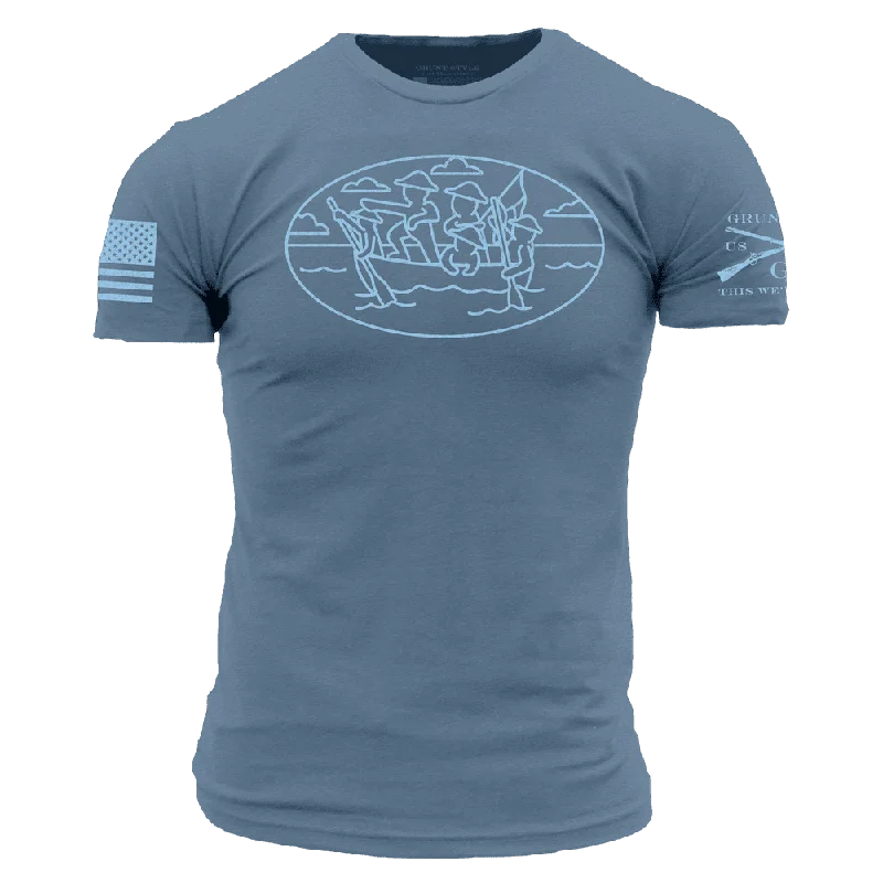 Distressed Women T Shirt with a Laid - Back AestheticDelaware Crossing T-Shirt - Captain's Blue Distressed Women T Shirt with a Laid - Back AestheticDelaware Crossing T-Shirt - Captain's Blue