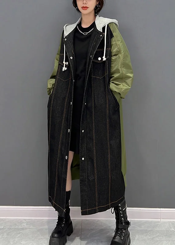Hooded women's puffer coats in neon colors for high - visibility sportsDenim Black Patchwork Button Hooded Coat Fall Hooded women's puffer coats in neon colors for high - visibility sportsDenim Black Patchwork Button Hooded Coat Fall