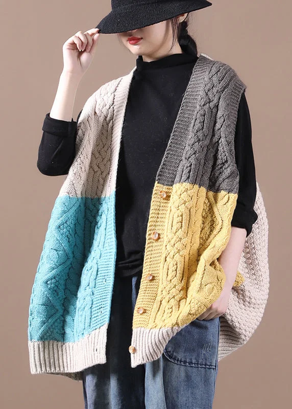 Women's knee - length wool blend coats with a fur collar for added warmthDIY Apricot V Neck Patchwork Knit Waistcoat Sleeveless Women's knee - length wool blend coats with a fur collar for added warmthDIY Apricot V Neck Patchwork Knit Waistcoat Sleeveless