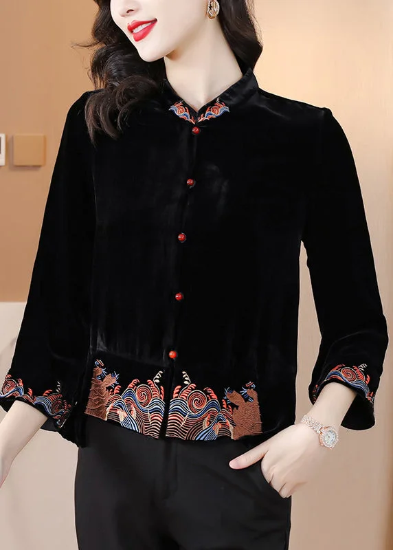 Water - resistant women's trench coats with adjustable cuffs for rainy daysDIY Black Stand Collar Embroideried Silk Velour Coats Fall Water - resistant women's trench coats with adjustable cuffs for rainy daysDIY Black Stand Collar Embroideried Silk Velour Coats Fall