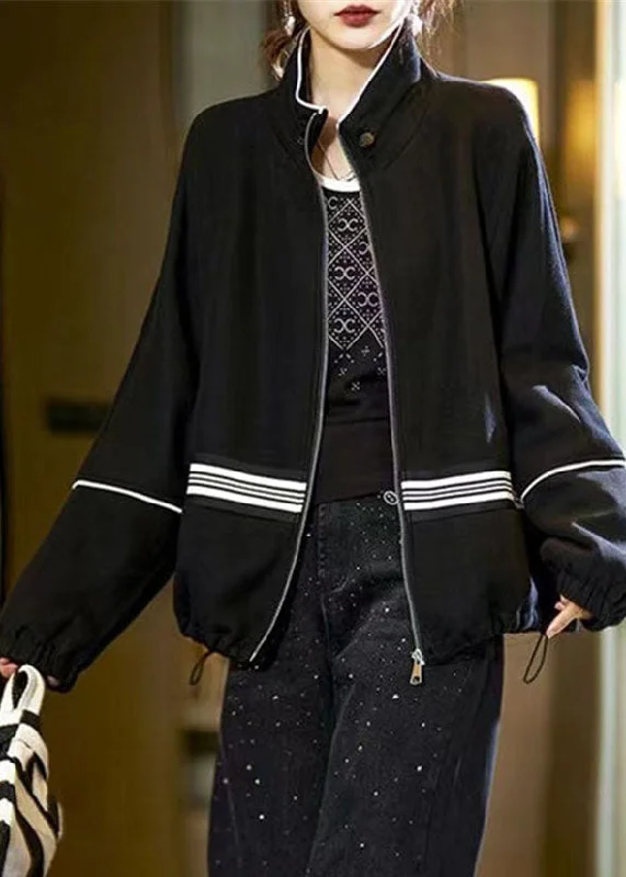 Plus size women's wool blend coats for a warm and stylish winterDIY Black Stand Collar Zippered Drawstring Patchwork Jackets Fall Plus size women's wool blend coats for a warm and stylish winterDIY Black Stand Collar Zippered Drawstring Patchwork Jackets Fall