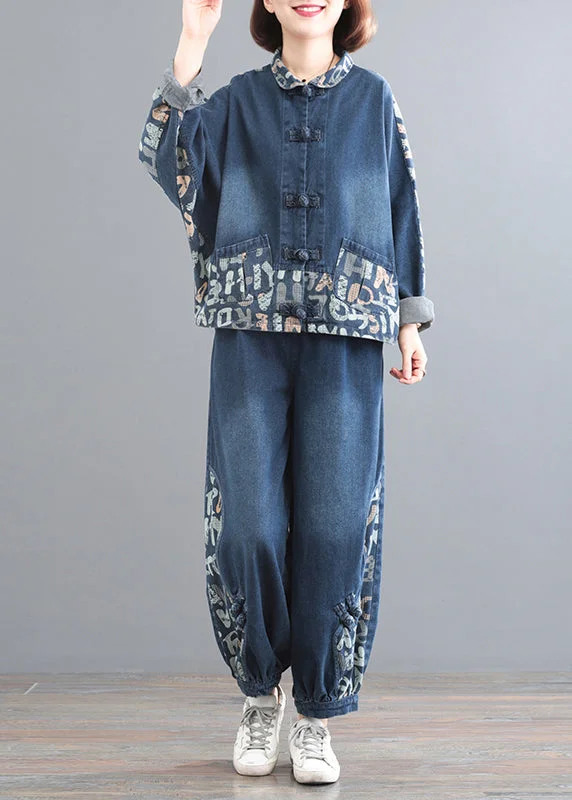Shearling - lined women's leather coats for ultimate warmth and luxuryDIY Blue Peter Pan Collar Print Denim Coats And Pants Two Pieces Set Fall Shearling - lined women's leather coats for ultimate warmth and luxuryDIY Blue Peter Pan Collar Print Denim Coats And Pants Two Pieces Set Fall