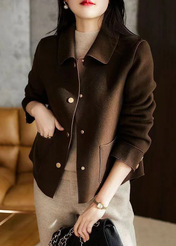 Embroidered women's cotton coats in a bohemian pattern for a unique designDIY Coffee Peter Pan Collar Pockets Patchwork Woolen Jackets Fall