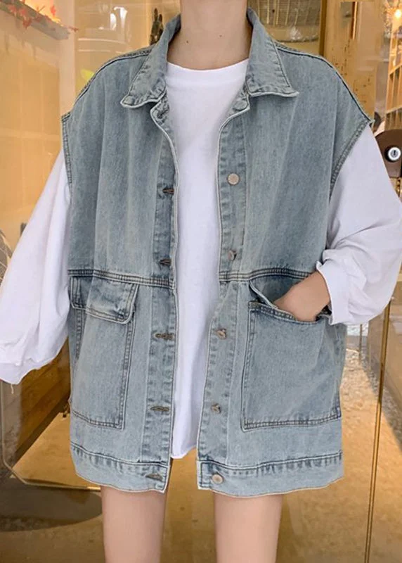 Water - resistant women's trench coats with adjustable cuffs for rainy daysDIY Denim Blue Peter Pan Collar Pockets Patchwork Waistcoat Sleeveless Water - resistant women's trench coats with adjustable cuffs for rainy daysDIY Denim Blue Peter Pan Collar Pockets Patchwork Waistcoat Sleeveless