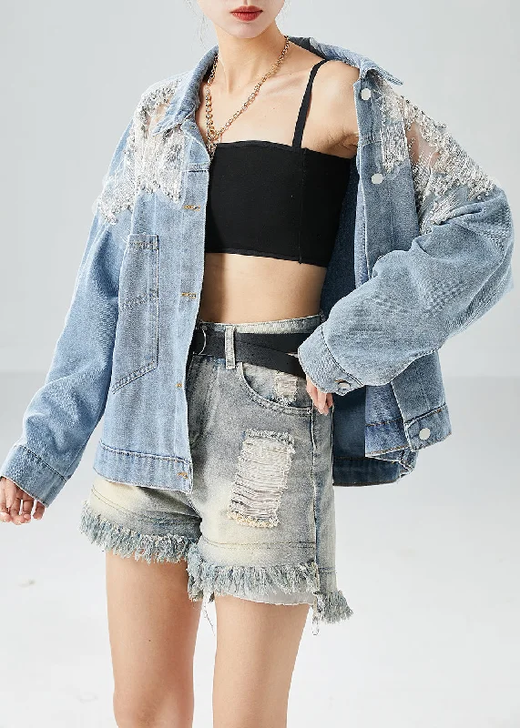Women's reversible down coats with two - tone designs for versatile stylingDiy Light Blue Hollow Out Patchwork Zircon Denim Coat Outwear Fall Women's reversible down coats with two - tone designs for versatile stylingDiy Light Blue Hollow Out Patchwork Zircon Denim Coat Outwear Fall