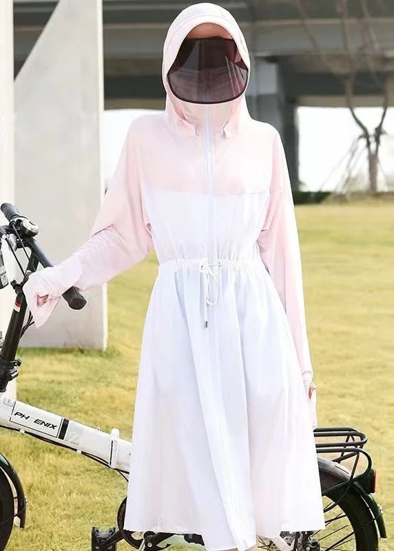 Women's pea coats with brass buttons for a nautical - inspired styleDIY Light Pink Hooded Drawstring Patchwork Ice Silk UPF 50+ Coats Summer Women's pea coats with brass buttons for a nautical - inspired styleDIY Light Pink Hooded Drawstring Patchwork Ice Silk UPF 50+ Coats Summer
