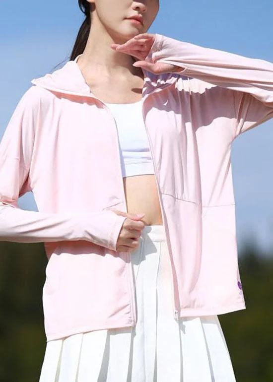 Embroidered women's cotton coats in a bohemian pattern for a unique designDIY Pink Hooded Zip Up Pockets Patchwork Ice Silk UPF 50+ Coat Summer