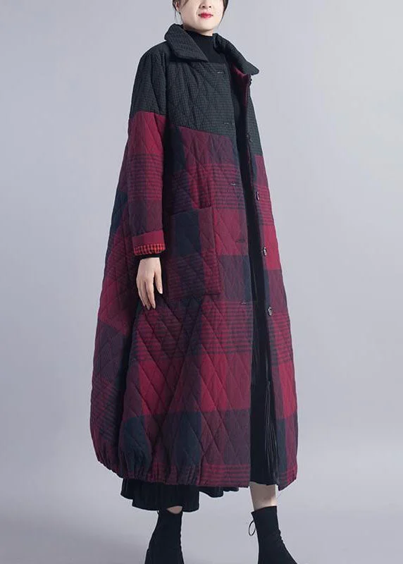 Mid - length women's down coats in a slim fit for a modern and sleek appearanceDIY Red Plaid Patchwork Fine Cotton Filled winter coat Mid - length women's down coats in a slim fit for a modern and sleek appearanceDIY Red Plaid Patchwork Fine Cotton Filled winter coat