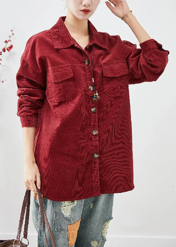 Checkered women's wool coats in a classic pattern for a timeless styleDull Red Corduroy Shirt Coats Oversized Button Down Fall Checkered women's wool coats in a classic pattern for a timeless styleDull Red Corduroy Shirt Coats Oversized Button Down Fall