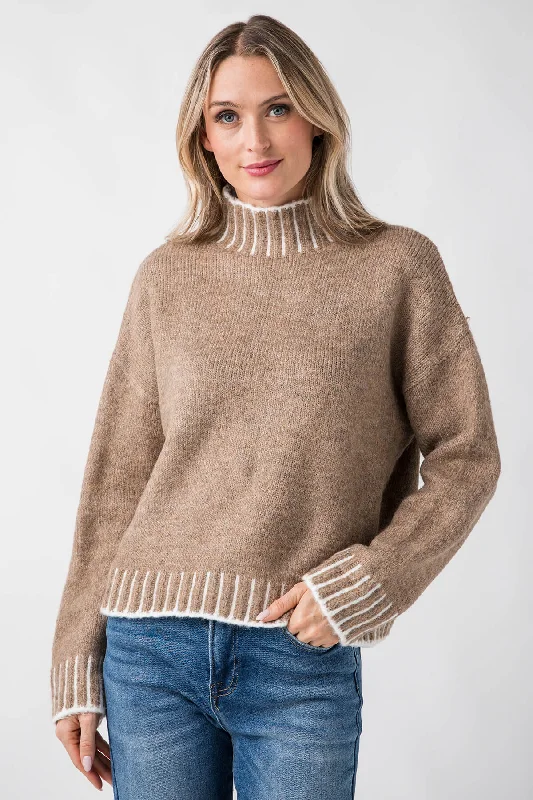Split - Hem Women's Linen Blend Sweaters for SpringElan Stitching Detail Turtleneck