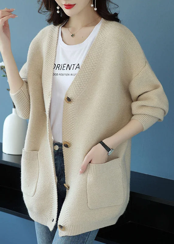 Hooded women's puffer coats in neon colors for high - visibility sportsElegant Beige V Neck Pockets Patchwork Cashmere Loose Coat Fall Hooded women's puffer coats in neon colors for high - visibility sportsElegant Beige V Neck Pockets Patchwork Cashmere Loose Coat Fall