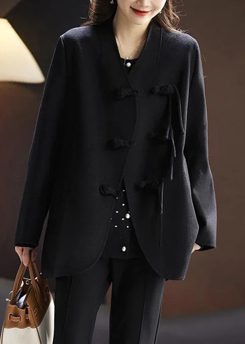 Women's reversible down coats with two - tone designs for versatile stylingElegant Black Solid Chinese Button Wool Coats Spring Women's reversible down coats with two - tone designs for versatile stylingElegant Black Solid Chinese Button Wool Coats Spring
