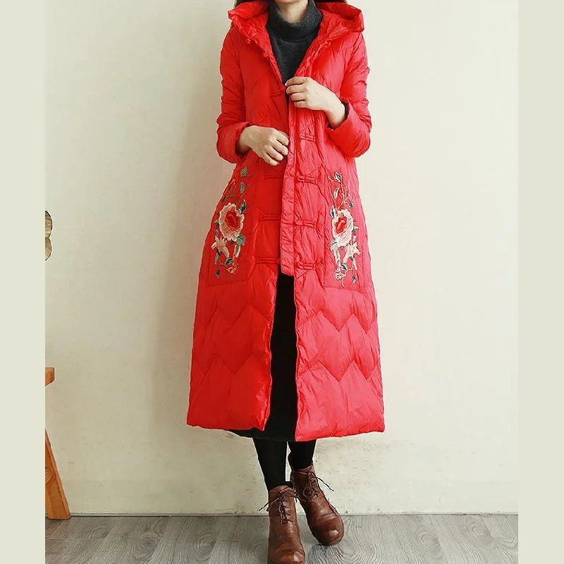 Long women's mac coats in a lightweight fabric for spring showersElegant casual down jacket coats red embroidery Chinese Button hooded duck down coat Long women's mac coats in a lightweight fabric for spring showersElegant casual down jacket coats red embroidery Chinese Button hooded duck down coat