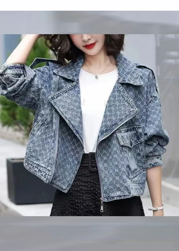 Petite women's wool blend coats with a tailored fit for a flattering silhouetteElegant Denim Blue Notched Zippered Plaid Coat Long Sleeve