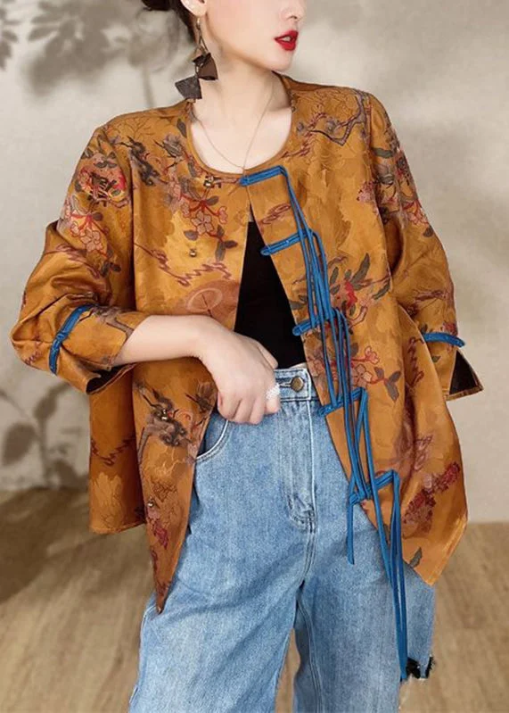 Embroidered women's cotton coats in a bohemian pattern for a unique designElegant Gold Print Button Silk Coats Bracelet Sleeve