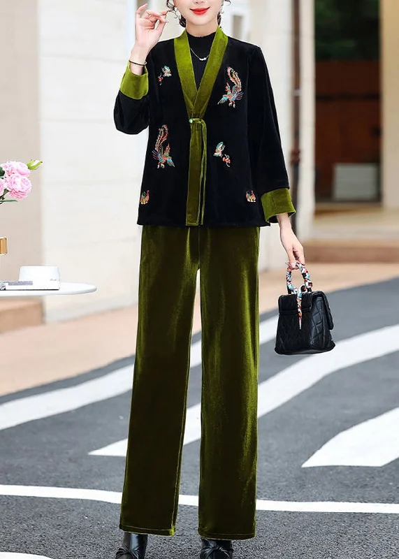 Long women's mac coats in a lightweight fabric for spring showersElegant Green V Neck Embroideried Silk Velour Coats And Pants Two Piece Set Fall Long women's mac coats in a lightweight fabric for spring showersElegant Green V Neck Embroideried Silk Velour Coats And Pants Two Piece Set Fall