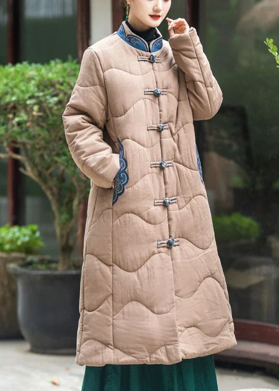 Quilted down women's coats with removable hoods for outdoor activitiesElegant Khaki Stand Collar Embroideried Lengthen Fine Cotton Filled Witner Coat Quilted down women's coats with removable hoods for outdoor activitiesElegant Khaki Stand Collar Embroideried Lengthen Fine Cotton Filled Witner Coat