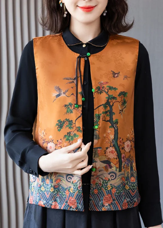 Plus size women's wool blend coats for a warm and stylish winterElegant Orange O-Neck Print Button Side Open Silk Waistcoat Spring Plus size women's wool blend coats for a warm and stylish winterElegant Orange O-Neck Print Button Side Open Silk Waistcoat Spring