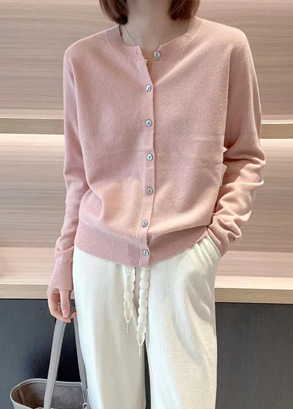Women's cropped leather coats with silver studs for an edgy lookElegant Pink O Neck Button Patchwork Knit Coats Long Sleeve Women's cropped leather coats with silver studs for an edgy lookElegant Pink O Neck Button Patchwork Knit Coats Long Sleeve