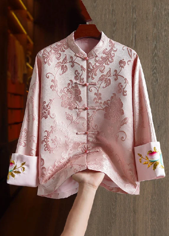 Women's knee - length wool blend coats with a fur collar for added warmthElegant Pink Stand Collar Embroideried Silk Coat Long Sleeve Women's knee - length wool blend coats with a fur collar for added warmthElegant Pink Stand Collar Embroideried Silk Coat Long Sleeve