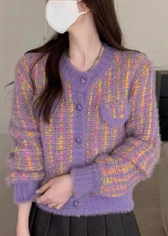 Women's pea coats with brass buttons for a nautical - inspired styleElegant Purple O Neck Button Mink Hair Knitted Coats Fall Women's pea coats with brass buttons for a nautical - inspired styleElegant Purple O Neck Button Mink Hair Knitted Coats Fall