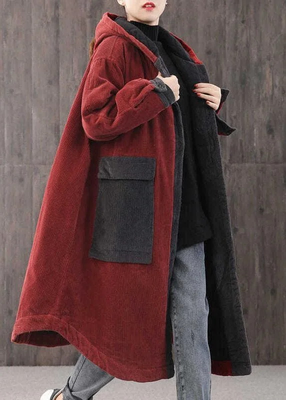 Checkered women's wool coats in a classic pattern for a timeless styleElegant Red hooded Pockets Button Winter Coat Long sleeve Checkered women's wool coats in a classic pattern for a timeless styleElegant Red hooded Pockets Button Winter Coat Long sleeve