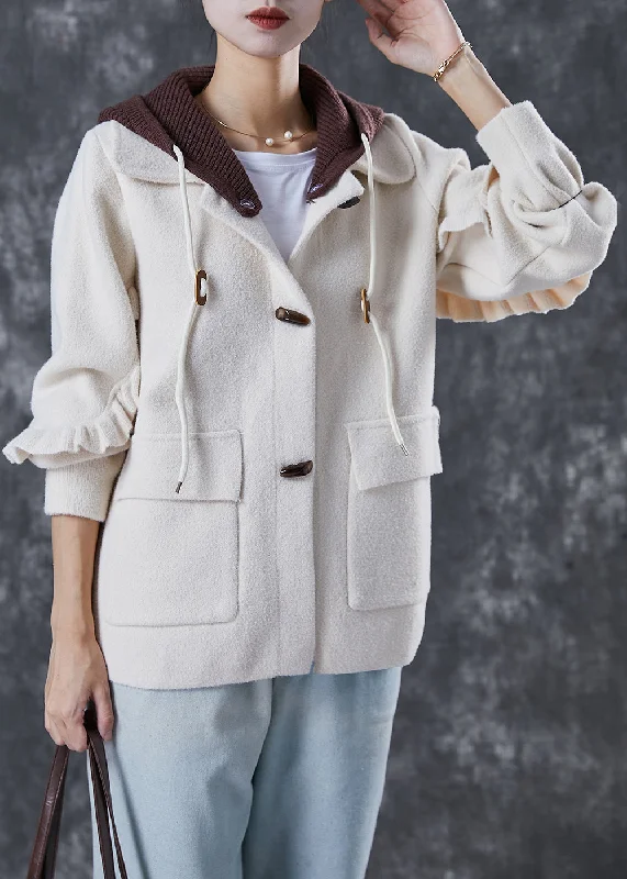 Water - resistant women's trench coats with adjustable cuffs for rainy daysElegant White Hooded Patchwork Ruffled Woolen Coats Spring Water - resistant women's trench coats with adjustable cuffs for rainy daysElegant White Hooded Patchwork Ruffled Woolen Coats Spring