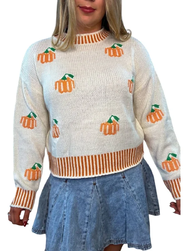 Hooded Women's Fleece - Lined Sweaters for WinterEmbroidered Pumpkin Sweater In White Hooded Women's Fleece - Lined Sweaters for WinterEmbroidered Pumpkin Sweater In White