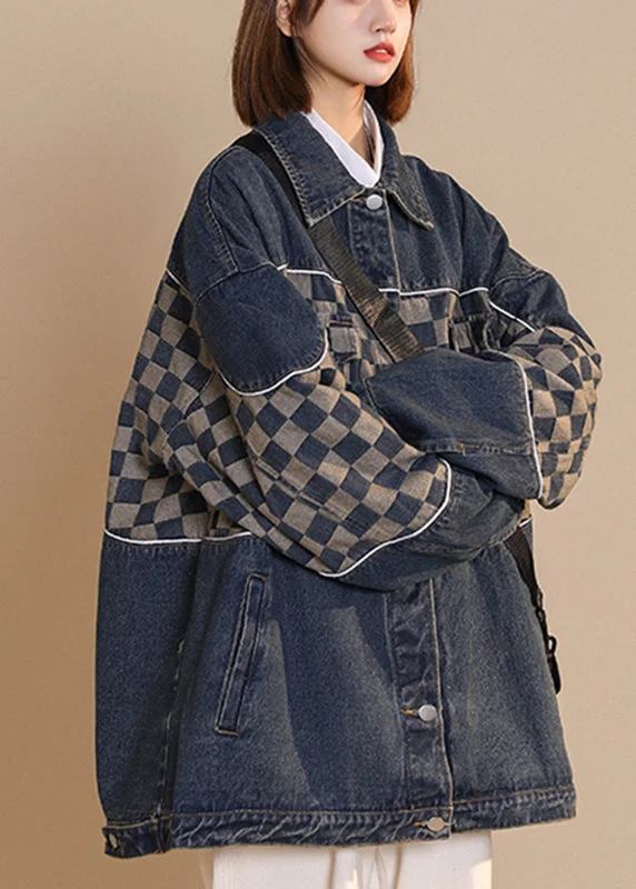 Women's cropped leather coats with silver studs for an edgy lookFashion Black Peter Pan Collar Plaid Patchwork Button Cotton Denim Coat Fall Women's cropped leather coats with silver studs for an edgy lookFashion Black Peter Pan Collar Plaid Patchwork Button Cotton Denim Coat Fall