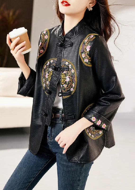 Oversized women's wool coats in a monochromatic look for a trendy outfitFashion Black Stand Collar Embroideried Button Faux Leather Coats Fall Oversized women's wool coats in a monochromatic look for a trendy outfitFashion Black Stand Collar Embroideried Button Faux Leather Coats Fall