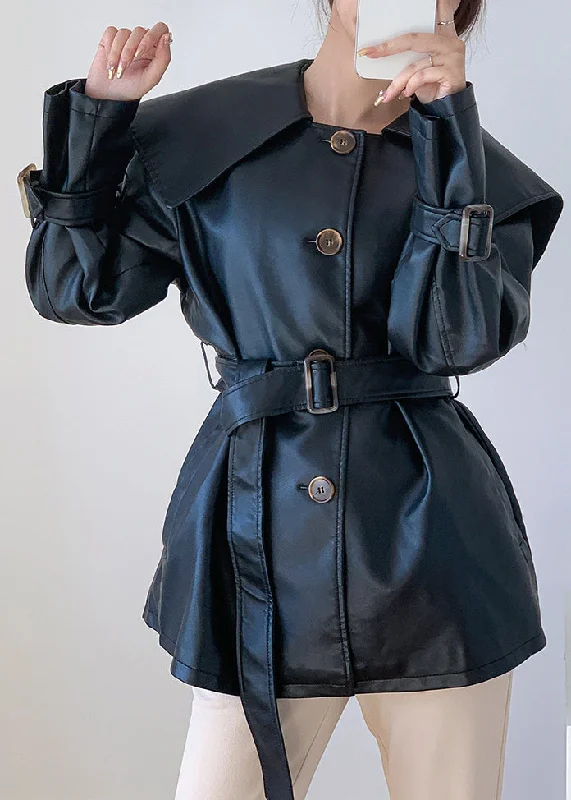 Women's reversible down coats with two - tone designs for versatile stylingFashion Black Tie Waist Button Patchwork Faux Leather Jacket Fall Women's reversible down coats with two - tone designs for versatile stylingFashion Black Tie Waist Button Patchwork Faux Leather Jacket Fall