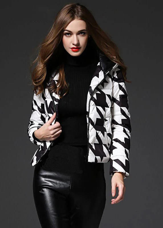 Women's long - sleeve wool coats in a houndstooth pattern for a classic charmFashion Black White Plaid Hooded Zippered Duck Down Puffer Jacket Winter Women's long - sleeve wool coats in a houndstooth pattern for a classic charmFashion Black White Plaid Hooded Zippered Duck Down Puffer Jacket Winter