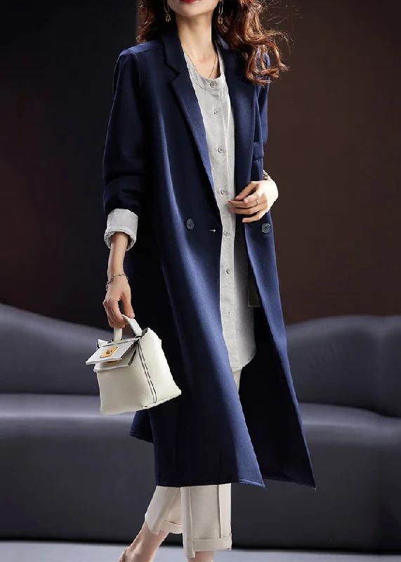 Embroidered women's cotton coats in a bohemian pattern for a unique designFashion Blue Notched Button Pockets Long Coats Fall Embroidered women's cotton coats in a bohemian pattern for a unique designFashion Blue Notched Button Pockets Long Coats Fall