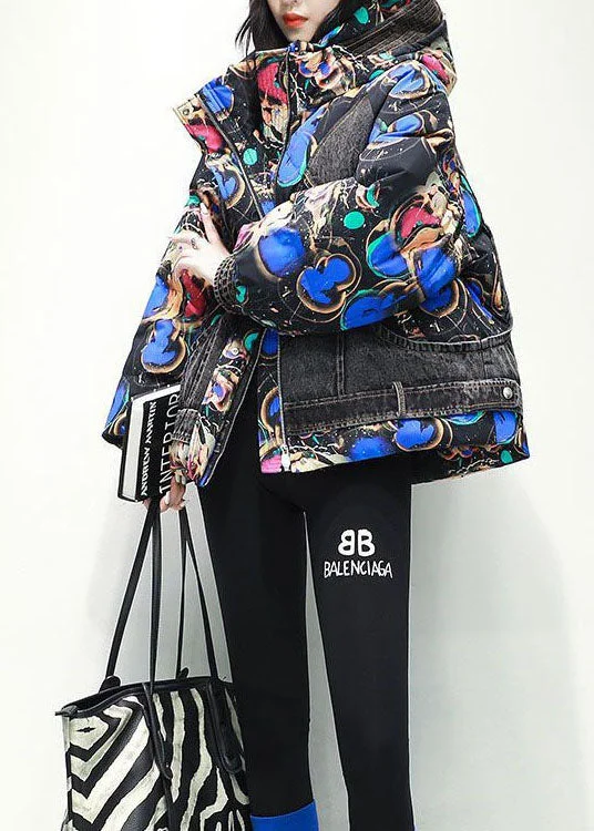 Mid - length women's down coats in a slim fit for a modern and sleek appearanceFashion Blue Print Hooded Patchwork Denim Duck Cotton Winter Coat Mid - length women's down coats in a slim fit for a modern and sleek appearanceFashion Blue Print Hooded Patchwork Denim Duck Cotton Winter Coat