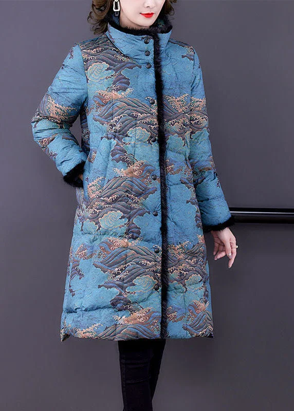 Women's longline double - breasted camel coats for a sophisticated lookFashion Blue Raccoon Hair Collar Print Fine Cotton Filled Puffer Coats Winter Women's longline double - breasted camel coats for a sophisticated lookFashion Blue Raccoon Hair Collar Print Fine Cotton Filled Puffer Coats Winter