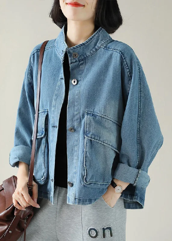 Embroidered women's cotton coats in a bohemian pattern for a unique designFashion Blue Stand Collar Button Big Pockets Denim Coat Long Sleeve