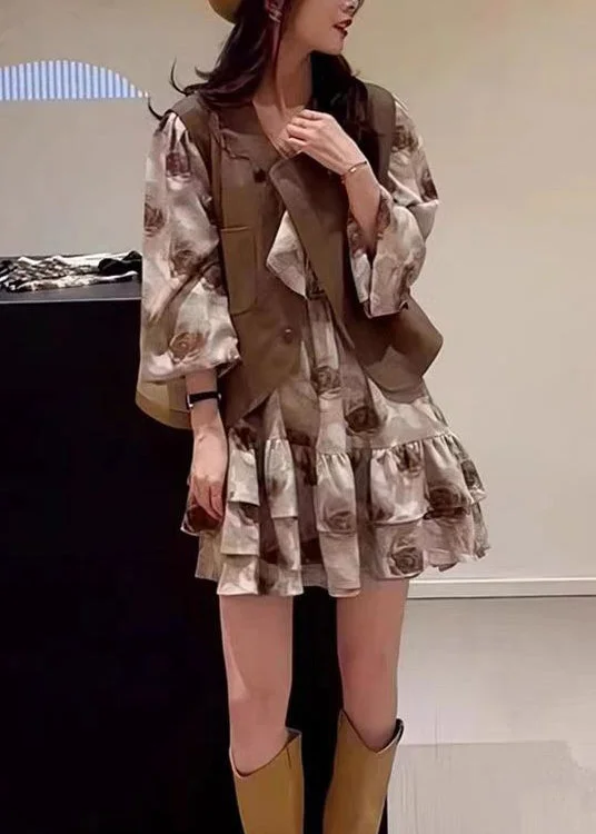 Women's cropped leather coats with silver studs for an edgy lookFashion Coffee Button Patchwork Waistcoat And Dress Two Pieces Set Spring Women's cropped leather coats with silver studs for an edgy lookFashion Coffee Button Patchwork Waistcoat And Dress Two Pieces Set Spring