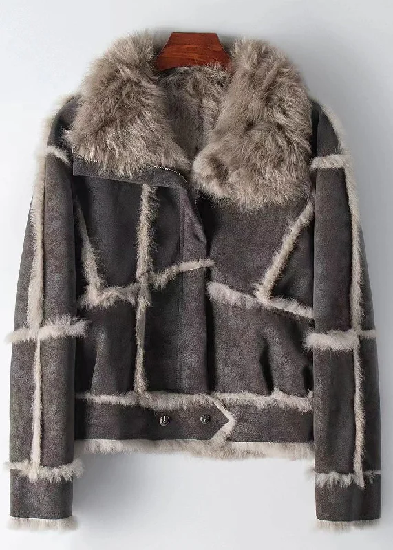 Water - resistant women's trench coats with adjustable cuffs for rainy daysFashion Dark Grey Zippered Patchwork Leather And Fur Coat Winter Water - resistant women's trench coats with adjustable cuffs for rainy daysFashion Dark Grey Zippered Patchwork Leather And Fur Coat Winter