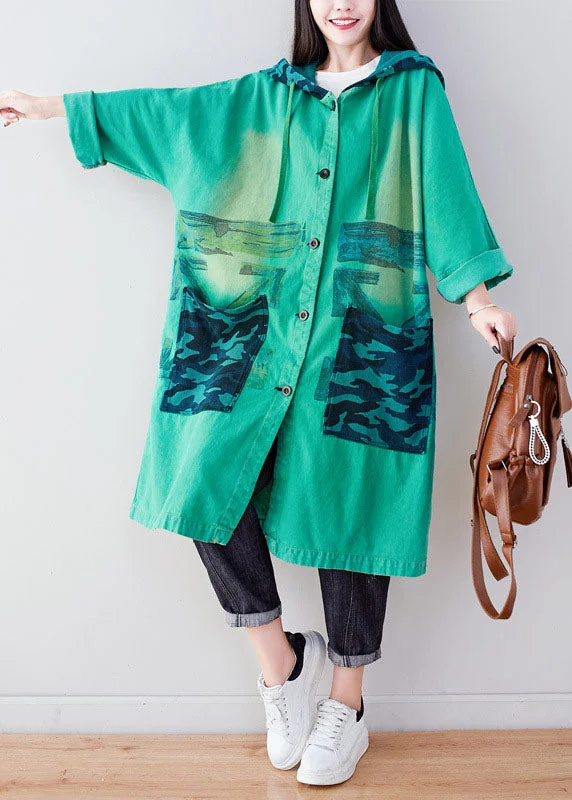 Women's long - sleeve wool coats in a houndstooth pattern for a classic charmFashion Green Hooded Print Cotton Hoodie Coat Spring Women's long - sleeve wool coats in a houndstooth pattern for a classic charmFashion Green Hooded Print Cotton Hoodie Coat Spring
