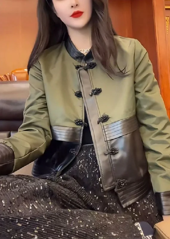 Women's reversible down coats with two - tone designs for versatile stylingFashion Green O-Neck Patchwork Button Leather Jacket Fall Women's reversible down coats with two - tone designs for versatile stylingFashion Green O-Neck Patchwork Button Leather Jacket Fall