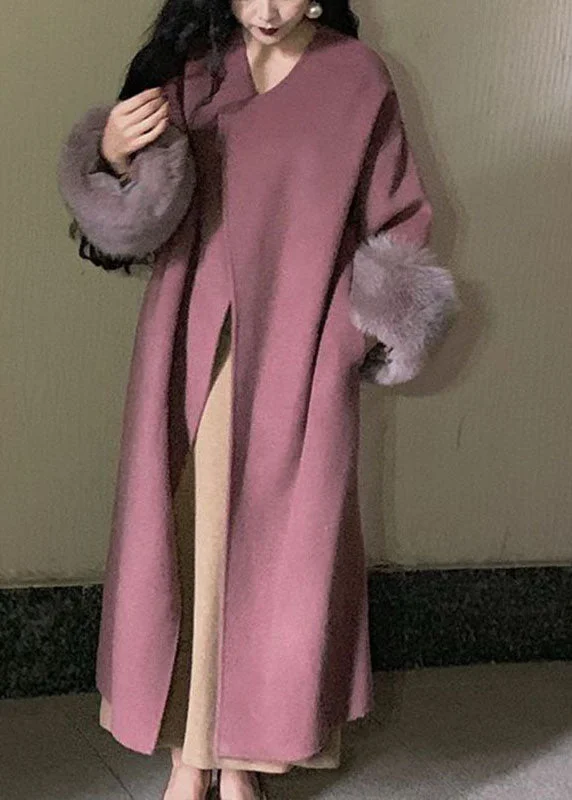 Hooded women's puffer coats in neon colors for high - visibility sportsFashion Lotus Root Pink Color O-Neck Woolen Maxi Coats Long Sleeve Hooded women's puffer coats in neon colors for high - visibility sportsFashion Lotus Root Pink Color O-Neck Woolen Maxi Coats Long Sleeve