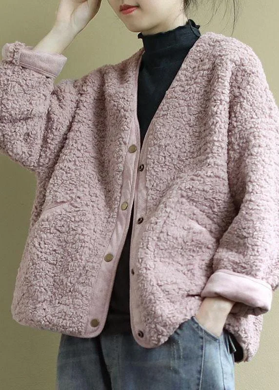 Petite women's wool blend coats with a tailored fit for a flattering silhouetteFashion Pink Pockets Button Casual Fall Winter Thick Coats Long sleeve